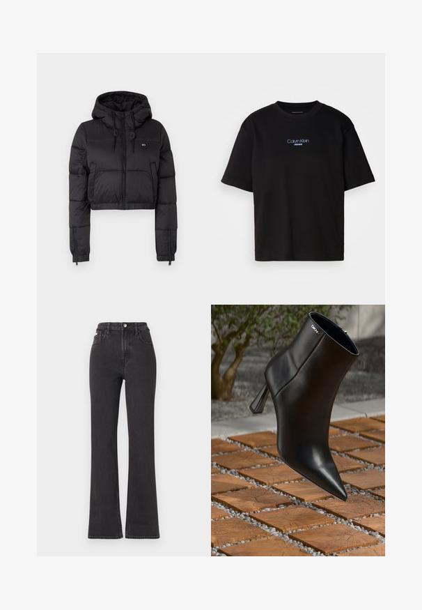 Černá zkrácená puffer bunda s kapucí, vybavená předním zipem, dvěma bočními kapsami a elastickým lemem. Hladká textura s minimálním značením.; Černé bavlněné tričko s kulatým výstřihem a krátkými rukávy, s modrou vyšitou nášivkou "Calvin Klein JEANS" na přední straně.; Černé vysoké rozšířené džíny z denimu, se zapínáním na knoflík, poutky na opasek a bočními kapsami. Hladká textura s minimálním vyblednutím.; Černá kožená kotníková bota s špičatou špičkou a geometrickým podpatkem. Obsahuje jemné značení a hladkou texturu. Pozadí je tvořeno texturovanými dlaždicemi.
