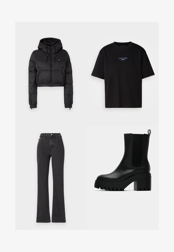 Černá zkrácená puffer bunda s kapucí, vybavená předním zipem, dvěma bočními kapsami a elastickým lemem. Hladká textura s minimálním značením.; Černé bavlněné tričko s kulatým výstřihem a krátkými rukávy, s modrou vyšitou nášivkou "Calvin Klein JEANS" na přední straně.; Černé vysoké rozšířené džíny z denimu, se zapínáním na knoflík, poutky na opasek a bočními kapsami. Hladká textura s minimálním vyblednutím.; Černá kožená kotníková bota s kulatou špičkou, masivní platformou a bočními síťovými detaily. Obsahuje poutko pro snadné obouvání.