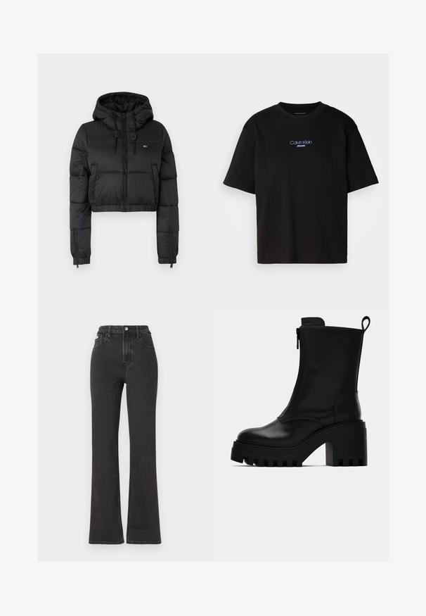 Juodas trumpas pūkinis džemperis su gobtuvu, su priekine užtrauktuku, dviem šoninėmis kišenėmis ir elastingu apačiu. Lygi tekstūra su minimaliu ženklinimu.; Juodas medvilnės marškinėliai su apykakle, trumpomis rankovėmis ir mėlynai siuvinėtu "Calvin Klein JEANS" logotipu priekyje.; Juodi aukštu liemeniu platėjantys džinsai, pagaminti iš džinsinio audinio, su mygtuko uždarymu, diržo kilpomis ir šoninėmis kišenėmis. Lygus paviršius su minimaliais išblukimais.; Juodas odinis kulkšninis batas su masyviu pado, blokiniu kulnu, šonine užtrauktuku ir kilpute gale ant paprasto balto fono.