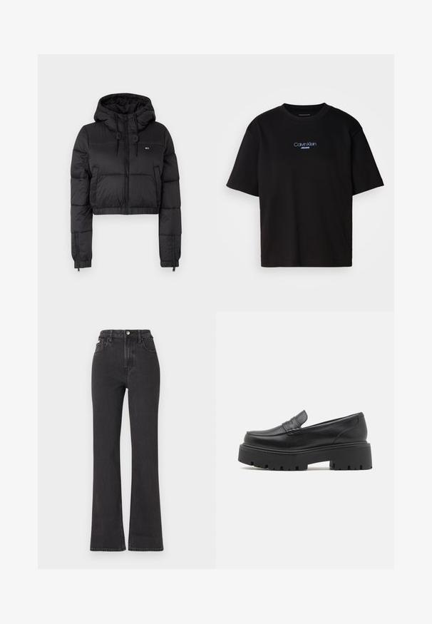 Schwarze, croppte Daunenjacke mit Kapuze, ausgestattet mit einem Frontreißverschluss, zwei Seitentaschen und einem elastischen Saum. Glatte Textur mit minimalem Branding.; Schwarzes Baumwoll-T-Shirt mit Rundhalsausschnitt, kurzen Ärmeln und blau gesticktem "Calvin Klein JEANS"-Logo auf der Vorderseite.; Schwarze, hochgeschnittene Schlagjeans aus Denim mit Knopfverschluss, Gürtelschlaufen und seitlichen Taschen. Glatte Textur mit minimaler Ausbleichung.; Schwarze Lederloafers mit einer niedrigen, dicke Gummisohle, gesteppten Details im Obermaterial und einer glatten Textur.