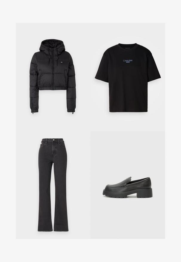 Fekete, rövidített puffertakaró kabát kapucnival, elülső cipzárral, két oldalsó zsebbel és elasztikus aljjal. Sima textúra, minimális márkázással.; Fekete pamut póló kerek nyakkal, rövid ujjú, elöl kék hímzett "Calvin Klein JEANS" logóval.; Fekete, magas derekú, trapéz fazonú farmernadrág, gombos záródással, övrésszel és oldalsó zsebekkel. Sima textúrájú, minimális kopással.; Fekete bőr loafer cipők kerek orral, vastag, texturált talppal és minimális varrási részletekkel. Áramvonalas dizájn, látható fűzők vagy fém részek nélkül.
