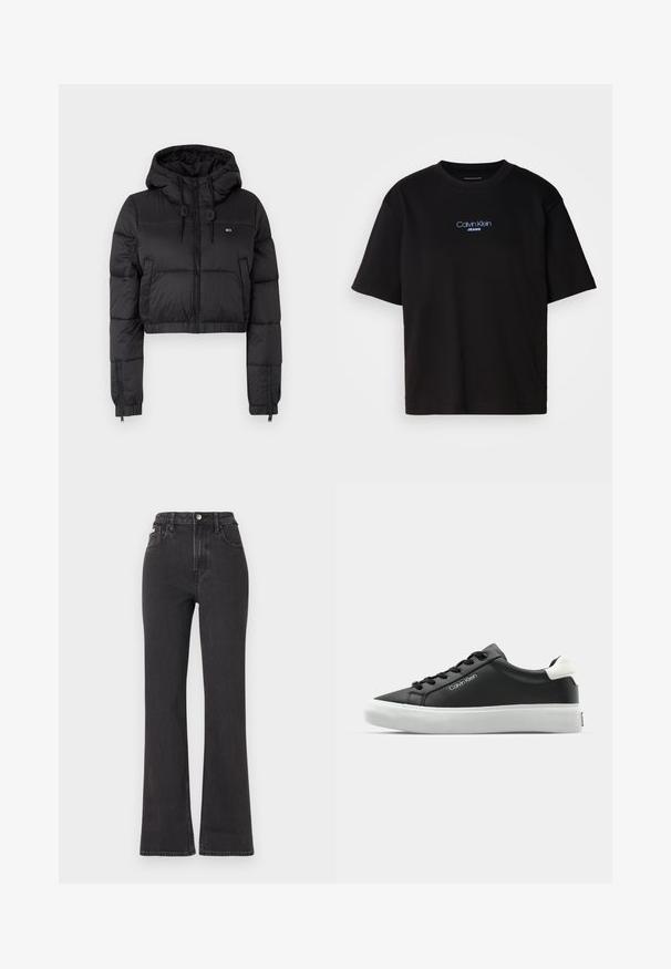 Mustat lyhyet untuvatakki hupulla, jossa on etuvetoketju, kaksi sivutaskua ja elastinen helma. Sileä pinta, jossa on minimaalinen brändäys.; Musta puuvillainen t-paita, jossa on pyöreä kaula-aukko, lyhyet hihat ja sininen brodeerattu "Calvin Klein JEANS" -logo edessä.; Mustat korkeavartiset leveälahkeiset farkut, jotka on valmistettu denimistä. Varustettu nappikiinnityksellä, vyölenkeillä ja sivutaskuilla. Tasainen rakenne, jossa on minimaalista haalistumista.; Mustat nahkakengät valkoisella kumipohjalla. Varustettu mustilla nauhoilla ja logolla sivussa. Pyöreä kärki ja pehmustettu kaulus.