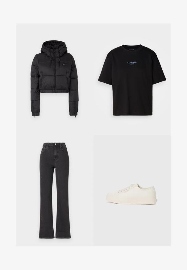 Sort cropped pufferjakke med hætte, der har lynlås foran, to sidelommer og elastisk kant. Glat tekstur med minimal branding.; Sort bomulds t-shirt med rund hals, korte ærmer og blåt broderet "Calvin Klein JEANS" logo på fronten.; Sorte højtaljede flagrende jeans lavet af denim, med knaplukning, bæltestropper og sidelommer. Glat tekstur med minimal falming.; Sneakers lavet af off-white canvas, med et low-top design, rund tå og flad gummisål med diskrete syninger.