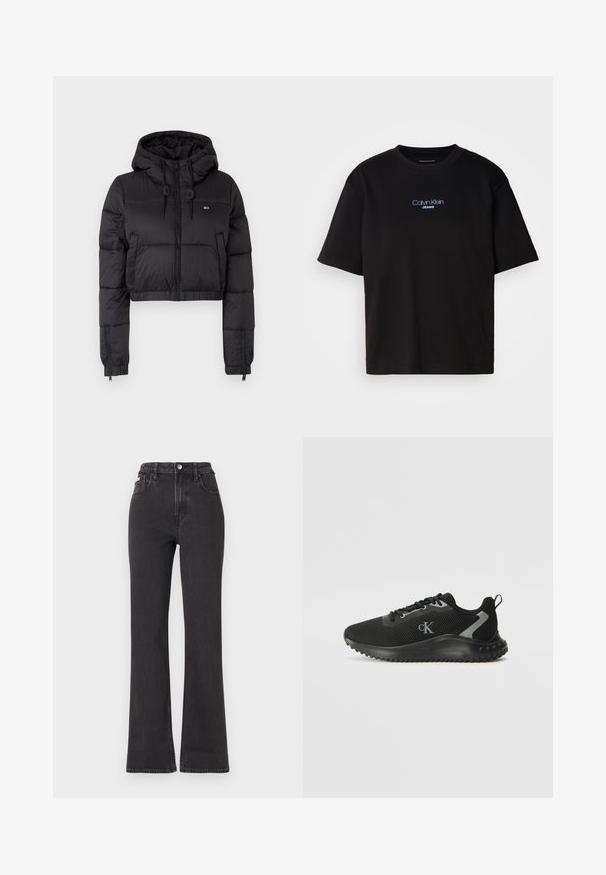 Black cropped puffer jacket with a hood, featuring a front zipper, two side pockets, and an elastic hem. Smooth texture with minimal branding.; Black cotton t-shirt with a round neck, short sleeves, and blue embroidered "Calvin Klein JEANS" logo on the front.; Black high-waisted flared jeans made of denim, featuring a button closure, belt loops, and side pockets. Smooth texture with minimal fading.; Black low-top athletic sneaker with breathable mesh, lace-up design, textured sole, and "cK" logo on the side.