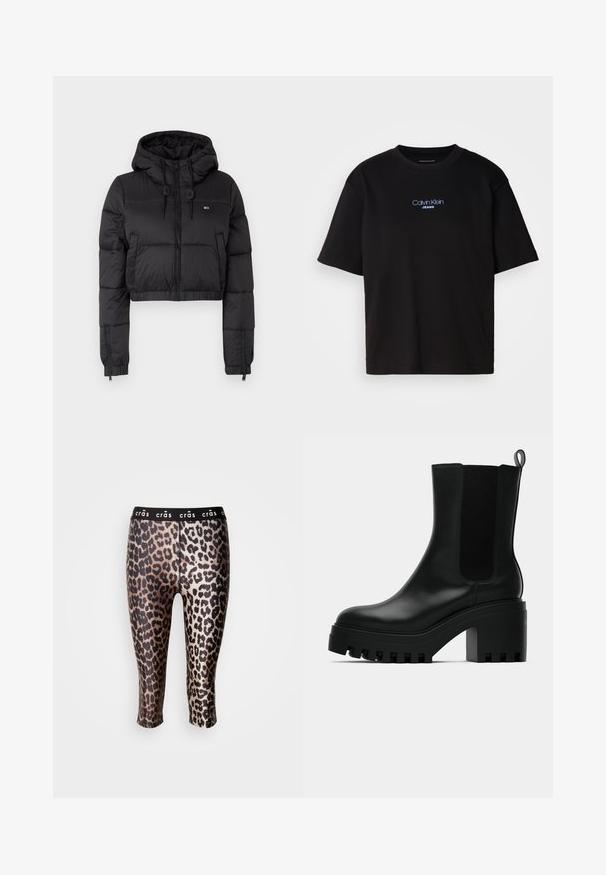 Melna saīsināta pūkainā jaka ar kapuci, ar priekšējo rāvējslēdzēju, divām sānu kabatām un elastīgu apakšmalu. Gluda tekstūra ar minimālu zīmolu.; Melna kokvilnas T-kreklu ar apaļu kaklu, īsām piedurknēm un zilu izšūtu "Calvin Klein JEANS" logo priekšpusē.; Saīsināti legingi no elastīga auduma, kas rotāti ar melnu un zelta leopardu rakstu un melnu elastīgu jostu.; Melna ādas potītes zābaks ar apaļu purngalu, masīvu platformas zoli un sietiņa sānu akcentiem. Iekļauts vilkšanas cilpiņa ērtai uzvilkšanai.