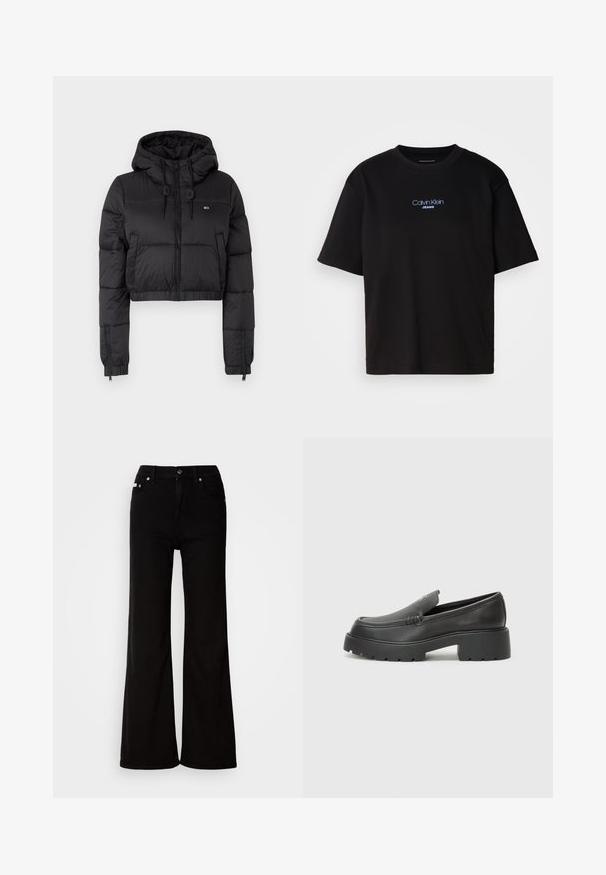 Čierna skrátená puffer bunda s kapucňou, s predným zipsom, dvoma bočnými vreckami a elastickým lemom. Hladká textúra s minimálnym brandingom.; Čierne bavlnené tričko s okrúhlym výstrihom, krátkymi rukávmi a modrým vyšívaným logom "Calvin Klein JEANS" na prednej strane.; Čierne rifľové nohavice s rozšírenými nohavicami a vysokým pásom, s bočným zipsom a gombíkovým zapínaním, bočnými vreckami a jemnými kovovými detailmi.; Čierne kožené mokasíny s okrúhlou špičkou, hrubou textúrovanou podrážkou a minimom stehovej výzdoby. Štíhly dizajn bez viditeľných šnúr alebo kovania.