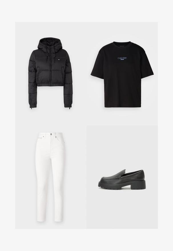 Melna saīsināta pūkainā jaka ar kapuci, ar priekšējo rāvējslēdzēju, divām sānu kabatām un elastīgu apakšmalu. Gluda tekstūra ar minimālu zīmolu.; Melna kokvilnas T-kreklu ar apaļu kaklu, īsām piedurknēm un zilu izšūtu "Calvin Klein JEANS" logo priekšpusē.; Baltas džinsus ar augsto vidukli, sašaurinātām kājām un piecām kabatām. Iekļauj metāla pogu un kniedes, gluda tekstūra.; Melnas ādas mokasīni ar noapaļotu purngalu, biezs teksturēts zoles un minimālas dūriena detaļas. Gluds dizains bez redzamām auklām vai metāla elementiem.