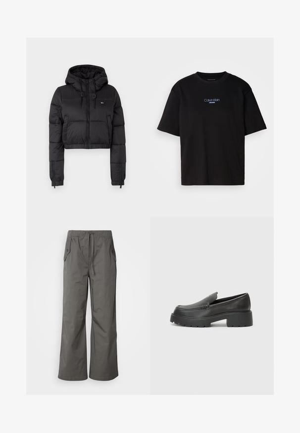 Jacheta scurtă din fâș neagră cu glugă, având un fermoar frontal, două buzunare laterale și o margine elastică. Textură netedă cu branding minim.; Tricou din bumbac negru cu guler rotund, mâneci scurte și logo-ul brodat în albastru "Calvin Klein JEANS" pe față.; Pantaloni largi gri dintr-un material ușor, având o talie elastică, șnur de ajustare și două buzunare laterale cu accente de nasturi.; Mocasini din piele neagră, cu vârf rotunjit, talpă groasă texturată și detalii minimale de cusătură. Design elegant, fără șireturi sau accesorii vizibile.