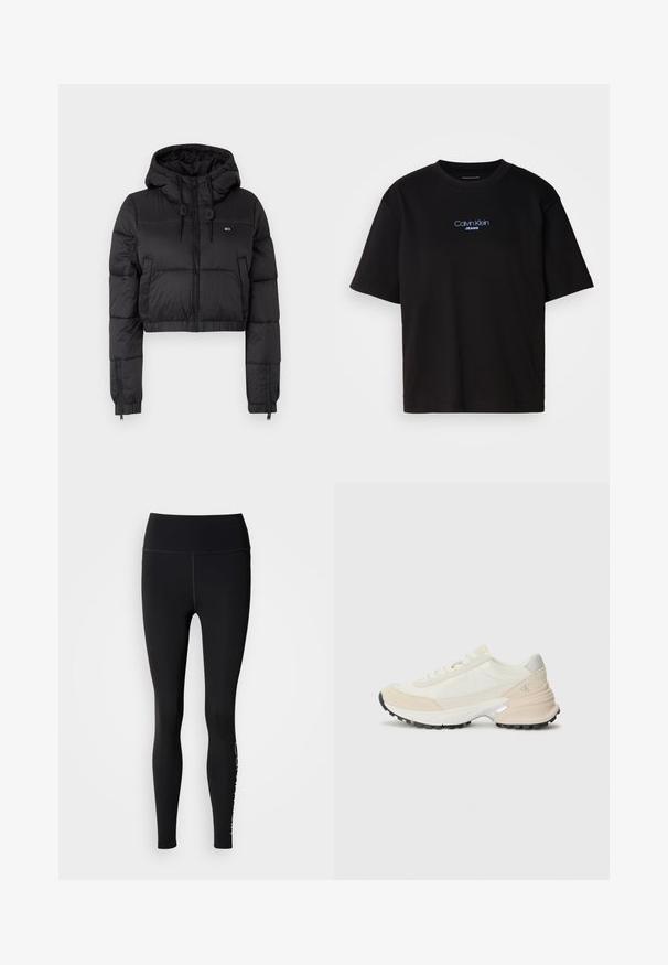 Black cropped puffer jacket with a hood, featuring a front zipper, two side pockets, and an elastic hem. Smooth texture with minimal branding.; Black cotton t-shirt with a round neck, short sleeves, and blue embroidered "Calvin Klein JEANS" logo on the front.; Black leggings with a high waistband, smooth texture, full-length design, and a white logo accent along the lower left leg.; Lightweight sneakers featuring beige and white materials, a padded collar, textured suede accents, and a black rubber outsole.
