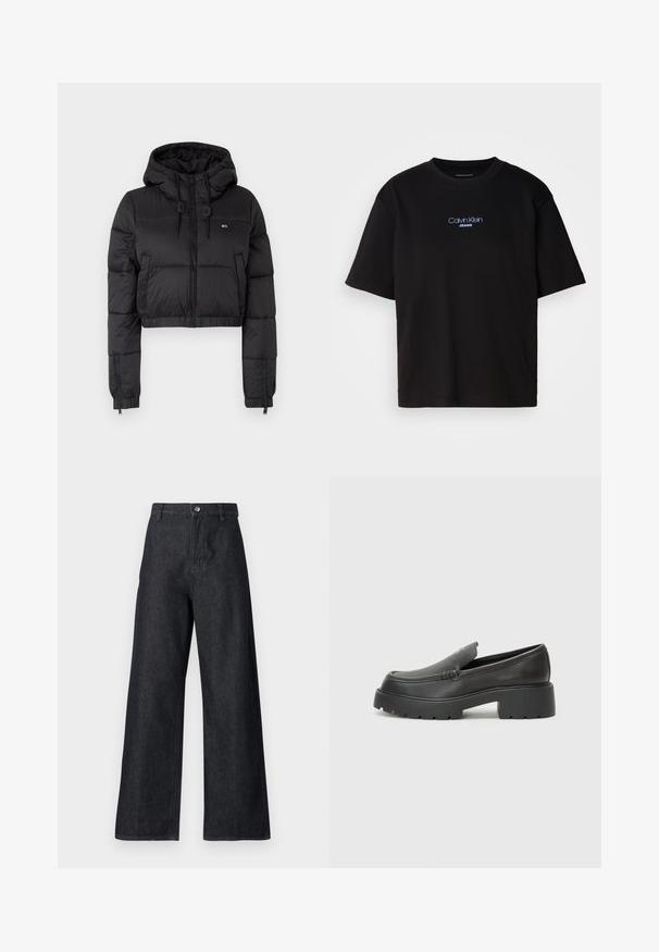 Black cropped puffer jacket with a hood, featuring a front zipper, two side pockets, and an elastic hem. Smooth texture with minimal branding.; Black cotton t-shirt with a round neck, short sleeves, and blue embroidered "Calvin Klein JEANS" logo on the front.; Denim wide-leg pants in dark blue. Features a high waist, zipper fly with a button, and a smooth texture with minimal stitching details.; Black leather loafers with a rounded toe, thick textured sole, and minimal stitching details. Sleek design with no visible laces or hardware.
