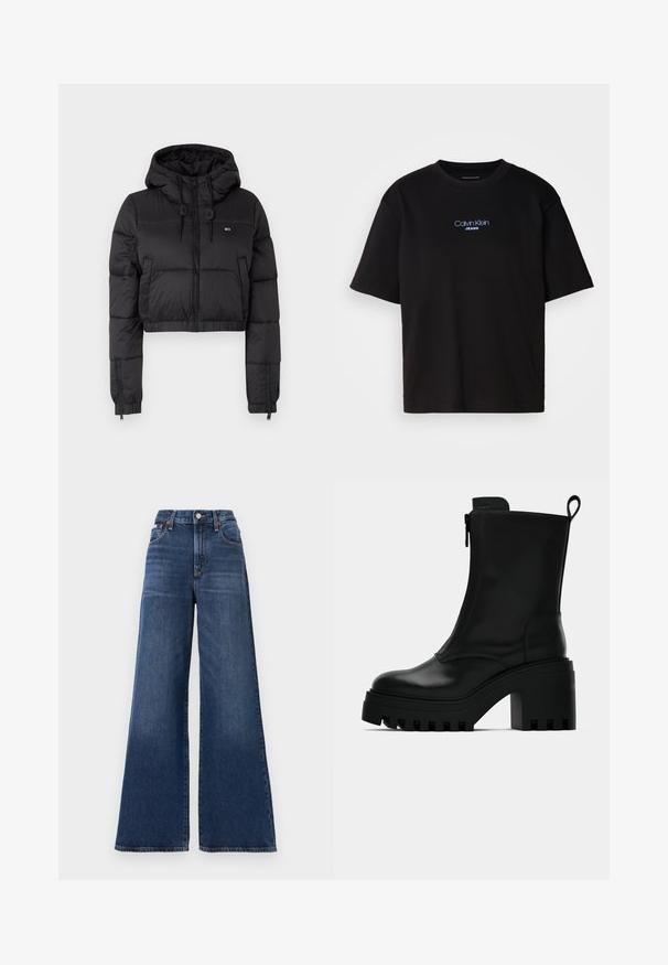 Čierna skrátená puffer bunda s kapucňou, s predným zipsom, dvoma bočnými vreckami a elastickým lemom. Hladká textúra s minimálnym brandingom.; Čierne bavlnené tričko s okrúhlym výstrihom, krátkymi rukávmi a modrým vyšívaným logom "Calvin Klein JEANS" na prednej strane.; Džíny so zvýšeným pásom a širokými nohavicami vyrobené z tmavomodrého denimu, s gombíkovým zapínaním, piatimi vreckami a jemným vyblednutím na stehnách.; Čierne kožené členkové čižmy s robustnou podrážkou, blokovým podpätkom, bočným zipsom a pútkom na zadnej strane na jednoduchom bielom pozadí.