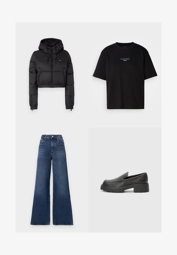 Giacca a vento cropped nera con cappuccio, dotata di chiusura frontale con zip, due tasche laterali e orlo elasticizzato. Texture liscia con branding minimale.; T-shirt nera in cotone con colletto rotondo, maniche corte e logo ricamato blu "Calvin Klein JEANS" sul davanti.; Jeans a vita alta con gamba larga realizzati in denim blu scuro, dotati di chiusura a bottone, cinque tasche e lievi sbiadimenti sulle cosce.; Mocassini in pelle nera con punta arrotondata, suola spessa e testurizzata, e minime cuciture. Design elegante senza lacci o parti metalliche visibili.