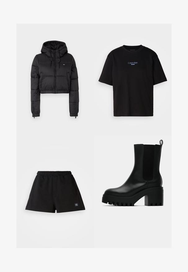 Jaqueta corta puffer preta com capuz, apresentando um fecho frontal, dois bolsos laterais e uma bainha elástica. Textura suave com mínima marcação.; T-shirt preta de algodão com gola redonda, mangas curtas e logo bordado azul "Calvin Klein JEANS" na parte da frente.; Calções pretos feitos de tecido suave, com uma cintura elástica, corte reto e uma etiqueta de logotipo pequena no lado inferior esquerdo.; Bota de tornozelo de couro preto com bico redondo, sola de plataforma robusta e detalhes em malha nas laterais. Apresenta uma aba de puxar para facilitar o calçar.