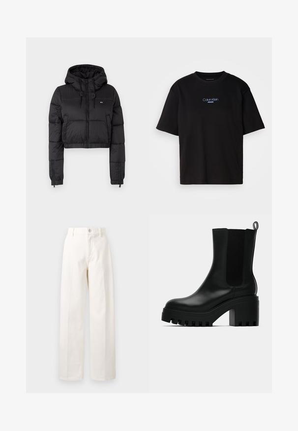 Giacca a vento cropped nera con cappuccio, dotata di chiusura frontale con zip, due tasche laterali e orlo elasticizzato. Texture liscia con branding minimale.; T-shirt nera in cotone con colletto rotondo, maniche corte e logo ricamato blu "Calvin Klein JEANS" sul davanti.; Pantaloni bianchi a gamba larga in cotone, con chiusura frontale a bottone, passanti per la cintura e taglio dritto senza motivi visibili.; Stivaletto in pelle nera con punta rotonda, suola a piattaforma spessa e dettagli in rete sui lati. Presenta un manico per indossarlo facilmente.