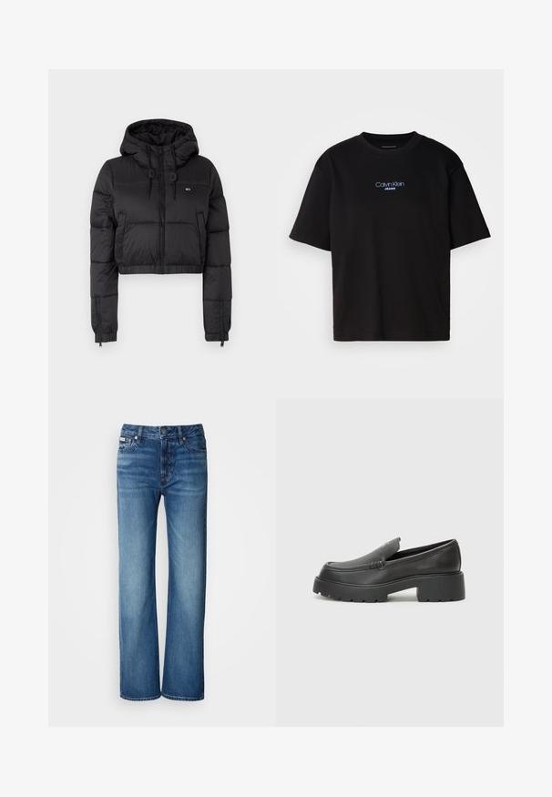 Jacheta scurtă din fâș neagră cu glugă, având un fermoar frontal, două buzunare laterale și o margine elastică. Textură netedă cu branding minim.; Tricou din bumbac negru cu guler rotund, mâneci scurte și logo-ul brodat în albastru "Calvin Klein JEANS" pe față.; Jeans largi de culoare albastru deschis, din denim; au un sistem de închidere cu nasture, buzunare frontale și un model subtil de decolorare pe material.; Mocasini din piele neagră, cu vârf rotunjit, talpă groasă texturată și detalii minimale de cusătură. Design elegant, fără șireturi sau accesorii vizibile.