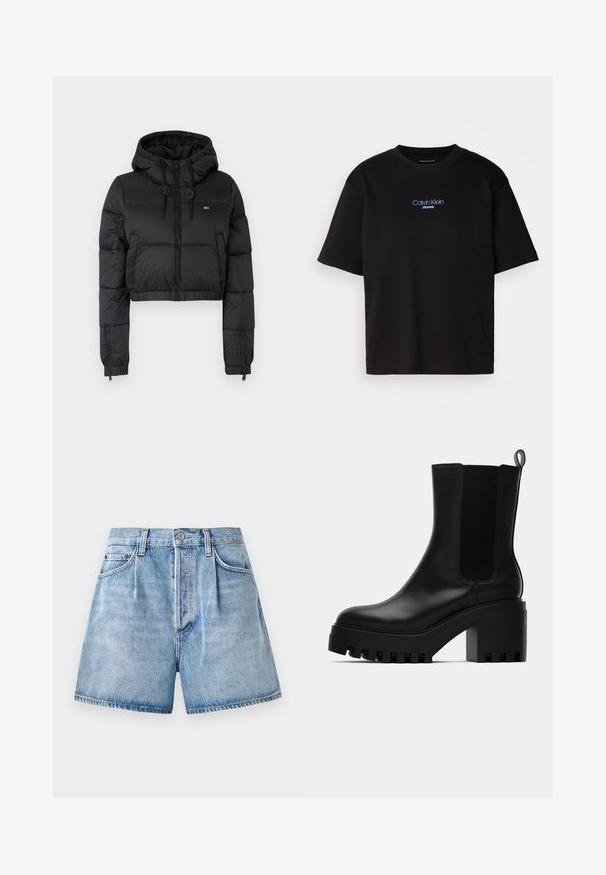 Chaqueta acolchada recortada negra con capucha, que cuenta con un cierre frontal, dos bolsillos laterales y un dobladillo elástico. Textura suave con un mínimo de marcas.; Camiseta de algodón negra con cuello redondo, manga corta y el logotipo azul bordado de "Calvin Klein JEANS" en el frente.; Pantalones cortos de mezclilla azul claro con cintura alta, con cierre de botón y cremallera, bolsillos delanteros y un dobladillo sin acabar.; Botín de cuero negro hasta el tobillo con puntera redonda, suela de plataforma gruesa y acentos de malla en los laterales. Cuenta con una lengüeta para facilitar el calzado.