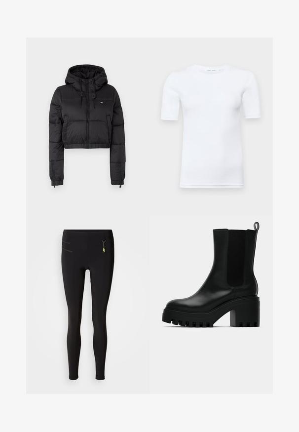 Schwarze, croppte Daunenjacke mit Kapuze, ausgestattet mit einem Frontreißverschluss, zwei Seitentaschen und einem elastischen Saum. Glatte Textur mit minimalem Branding.; Weißes T-Shirt mit kurzen Ärmeln aus Baumwolle. Verfügt über einen runden Halsausschnitt und eine glatte Textur, mit minimal sichtbaren Nähten am Saum.; Schwarze Leggings aus elastischem Material, mit hoher Taille, mit Reißverschlusstaschen in Gelb und einer glatten Textur.; Schwarze Leder-Stiefelette mit runder Zehenform, chunky Plateausohle und Netzseiteneinsätzen. Verfügt über eine Zuglasche für einfaches An- und Ausziehen.