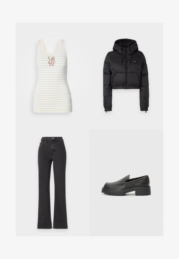 Fekete, rövidített puffertakaró kabát kapucnival, elülső cipzárral, két oldalsó zsebbel és elasztikus aljjal. Sima textúra, minimális márkázással.; Ujj nélküli, krém színű tank top, kék vízszintes csíkokkal, középen található barna "CALVIN KLEIN" logóval. Simaság jellemzi.; Fekete, magas derekú, trapéz fazonú farmernadrág, gombos záródással, övrésszel és oldalsó zsebekkel. Sima textúrájú, minimális kopással.; Fekete bőr loafer cipők kerek orral, vastag, texturált talppal és minimális varrási részletekkel. Áramvonalas dizájn, látható fűzők vagy fém részek nélkül.