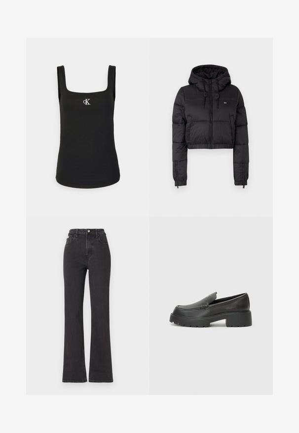Crna skraćena puffer jakna s kapuljačom, s prednjim zatvaračem, dva bočna džepa i elastičnom donjom rubom. Glatka tekstura s minimalnim brendiranjem.; Crna majica bez rukava s kvadratnim izrezom, rebrastom teksturom i malim bijelim "cK" logoom na prsima, s širokim naramenicama.; Crne traperice s visokim strukom i proširenim dnom, izrađene od denima, s kopčanjem na dugme, petljama za remen i bočnim džepovima. Glatka tekstura s minimalnim izblijedjenjem.; Crne kožne loaferice s zaobljenim vrhom, debelim teksturiranim potplatom i minimalnim detaljima šivanja. Elegantna izrada bez vidljivih vezica ili metalnih elemenata.
