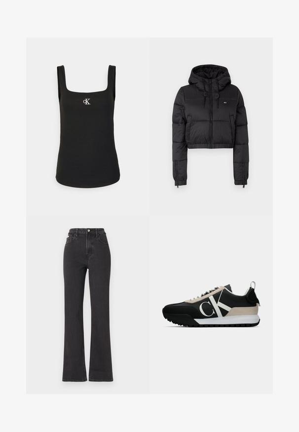 Μαύρο κοντό μπουφάν με γούνα και κουκούλα, διαθέτει μπροστινό φερμουάρ, δύο πλαϊνές τσέπες και ελαστική ραφή. Απαλή υφή με ελάχιστη σήμανση.; Μαύρο τοπ χωρίς μανίκια με τετράγωνη λαιμόκοψη, ραβδωτή υφή και μικρό λευκό λογότυπο "cK" στο στήθος, με φαρδιές τιράντες.; Μαύρα ψηλόμεσα τζιν με φαρδιά γραμμή, κατασκευασμένα από τζιν, διαθέτουν κλείσιμο με κουμπί, θηλιές ζώνης και πλαϊνές τσέπες. Λείος υφή με ελάχιστη φθορά.; Μαύρο αθλητικό παπούτσι με μπεζ suede λεπτομέρεια, λευκό λογότυπο, rubber σόλα και κορδόνια. Διαθέτει ανθεκτικό επάνω μέρος και θηλιά στο τακούνι.