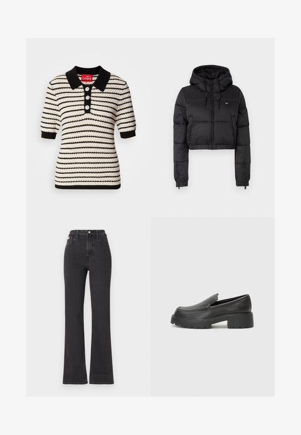 Fekete, rövidített puffertakaró kabát kapucnival, elülső cipzárral, két oldalsó zsebbel és elasztikus aljjal. Sima textúra, minimális márkázással.; Fekete és fehér csíkos kötött polo pulóver, rövid ujjal és fekete gallérral. Elöl három gyöngygomb záródással rendelkezik.; Fekete, magas derekú, trapéz fazonú farmernadrág, gombos záródással, övrésszel és oldalsó zsebekkel. Sima textúrájú, minimális kopással.; Fekete bőr loafer cipők kerek orral, vastag, texturált talppal és minimális varrási részletekkel. Áramvonalas dizájn, látható fűzők vagy fém részek nélkül.
