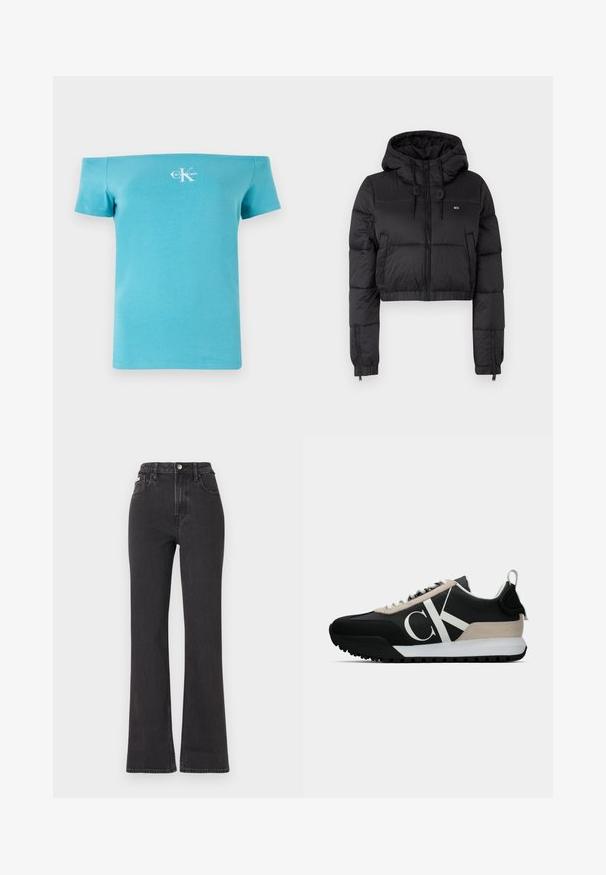 Schwarze, croppte Daunenjacke mit Kapuze, ausgestattet mit einem Frontreißverschluss, zwei Seitentaschen und einem elastischen Saum. Glatte Textur mit minimalem Branding.; Türkises, schulterfreies T-Shirt aus weicher Baumwolle, mit kurzen Ärmeln und einem weißen Logo-Graphic auf der Vorderseite.; Schwarze, hochgeschnittene Schlagjeans aus Denim mit Knopfverschluss, Gürtelschlaufen und seitlichen Taschen. Glatte Textur mit minimaler Ausbleichung.; Schwarzer Sneaker mit beigem Wildleder-Akzent, weißem Logo, Gummisohle und Schnürsenkeln. Verfügt über ein strapazierfähiges Obermaterial und eine Zuglasche an der Ferse.