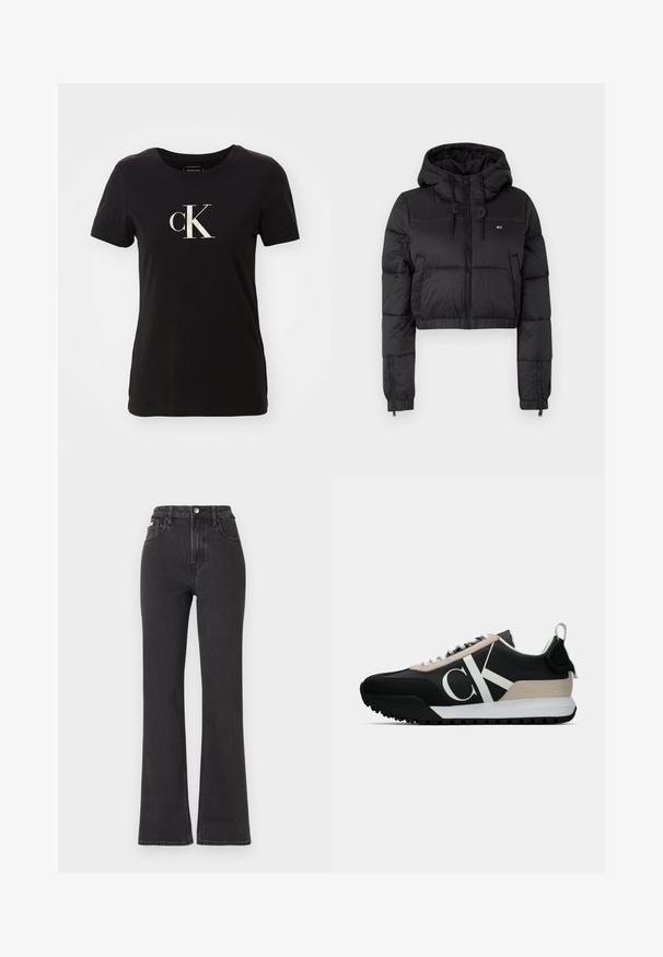 Melna saīsināta pūkainā jaka ar kapuci, ar priekšējo rāvējslēdzēju, divām sānu kabatām un elastīgu apakšmalu. Gluda tekstūra ar minimālu zīmolu.; Melna īsām piedurknēm T-kreklā, kas izgatavots no kokvilnas ar apaļu kaklu. Priekšpusē ir liels balts "cK" logo. Vienkārša dizaina, bez rakstiem.; Melnas augstā jostasvietā plati izgrieztas džinsus no denima, ar pogu aizdari, jostas cilpām un sānu kabatām. Gluda tekstūra ar minimālu izbalēšanu.; Melnas sporta kurpes ar pelēku zamša akcentu, baltu logotipu, gumijas zoli un auklām. Iespējas ietver izturīgu augšējo daļu un cilpu uz papēža.