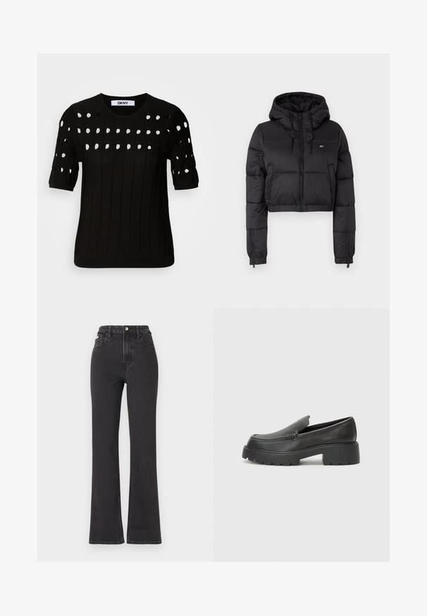 Jaqueta corta puffer preta com capuz, apresentando um fecho frontal, dois bolsos laterais e uma bainha elástica. Textura suave com mínima marcação.; Suéter preto de malha com mangas curtas, textura canelada e decote redondo. Vários cortes criam um padrão na parte da frente.; Jeans flared pretos de cintura alta feitos de denim, com fecho de botão, passadores para cinto e bolsos laterais. Textura suave com desbotamento mínimo.; Mocassins de couro preto com bico arredondado, sola espessa e texturizada, e detalhes de costura minimalistas. Design elegante sem atacadores ou ferragens visíveis.