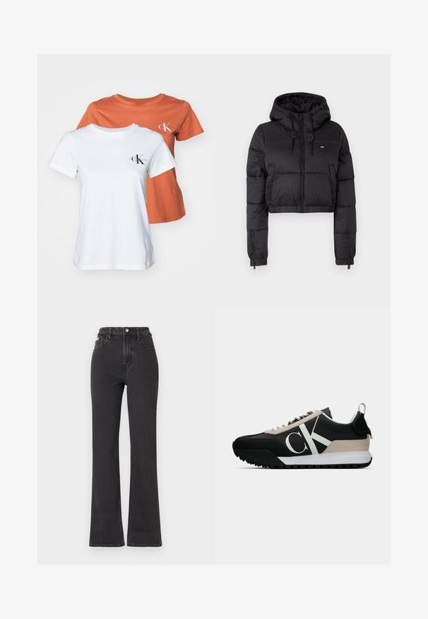 Juodas trumpas pūkinis džemperis su gobtuvu, su priekine užtrauktuku, dviem šoninėmis kišenėmis ir elastingu apačiu. Lygi tekstūra su minimaliu ženklinimu.; Du šortinių rankovių marškiniai: vieni balti, kiti oranžiniai. Abu pagaminti iš medvilnės, turi apvalų iškirpimą ir mažą ženklinimo logotipą ant krūtinės.; Juodi aukštu liemeniu platėjantys džinsai, pagaminti iš džinsinio audinio, su mygtuko uždarymu, diržo kilpomis ir šoninėmis kišenėmis. Lygus paviršius su minimaliais išblukimais.; Juodos sportinės bateliai su smėlio spalvos zomšiniu akcentu, balta logo, guminis padas ir raišteliai. Yra tvirta viršutinė dalis ir kilpos užtraukimui ant kulno.