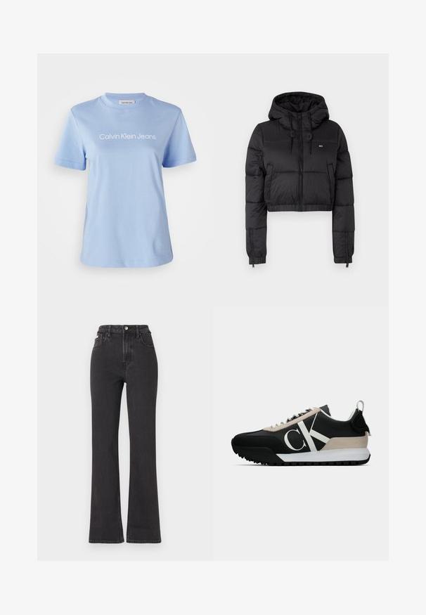 Jacheta scurtă din fâș neagră cu glugă, având un fermoar frontal, două buzunare laterale și o margine elastică. Textură netedă cu branding minim.; Tricou din bumbac de culoare bleu deschis, cu mâneci scurte, decolteu rotund și logo-ul "Calvin Klein Jeans" imprimat în alb pe piept.; Jeans negre cu talie înaltă, evazate, din denim, cu închidere prin buton, bucle pentru curea și buzunare laterale. Textură netedă, cu decolorare minimă.; Pantofi sport negri cu un accent din suede bej, logo alb, talpă din cauciuc și șireturi. Prezintă o parte superioară durabilă și un tab de prindere la călcâi.