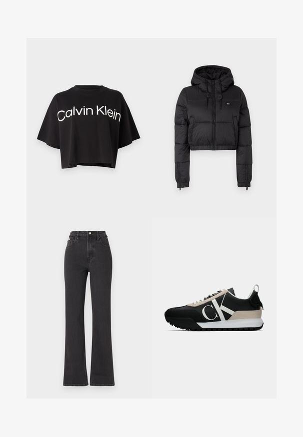 Černá zkrácená puffer bunda s kapucí, vybavená předním zipem, dvěma bočními kapsami a elastickým lemem. Hladká textura s minimálním značením.; Černé zkrácené tričko vyrobené z bavlny, s kulatým výstřihem a krátkými rukávy. Na přední straně je velký bílý nápis "Calvin Klein".; Černé vysoké rozšířené džíny z denimu, se zapínáním na knoflík, poutky na opasek a bočními kapsami. Hladká textura s minimálním vyblednutím.; Černé tenisky s béžovým semišovým akcentem, bílým logem, gumovou skluznicí a tkaničkami. Nabízejí odolný svršek a poutko na patě.