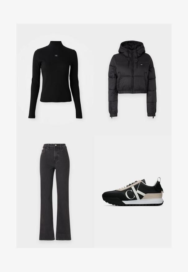 Črna skrajšana puffer jakna s kapuco, z zadrgo spredaj, dvema stranskima žepoma in elastičnim robom. Gladka tekstura z minimalnim logotipom.; Črna majica z dolgimi rokavi in visokim ovratnikom ter prilega obliko. Na sprednji strani je majhna oznaka z logotipom. Gladka, rebrasta tekstura.; Črne kavbojke s visokim pasom in razširjenimi hlačnicami, narejene iz denima, z gumbom za zapiranje, zankami za pas in stranskimi žepi. Gladka tekstura z minimalnim bledenjem.; Črne tene z bež usnjenim detajlom, belim logotipom, gumijastim podplatom in vezalkami. Imajo trpežno zgornji del in zanko za vlečenje na peti.