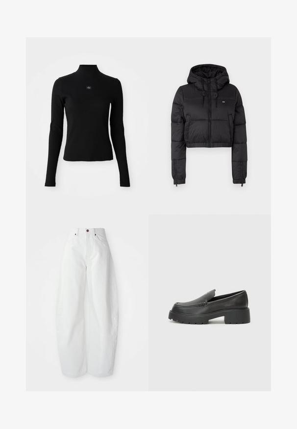 Sort cropped pufferjakke med hætte, der har lynlås foran, to sidelommer og elastisk kant. Glat tekstur med minimal branding.; Sort langærmet top med høj krave og tætsiddende design. Har en lille logo-patch på forsiden. Glat, ribbet tekstur.; Højtaljede hvide denimbukser med løs pasform. Har en knaplukning, sidelommer og et minimalistisk design. Glat tekstur.; Sorte læder loafers med rund tå, tyk tekstureret sål og minimale syninger. Elegant design uden synlige snørebånd eller hardware.