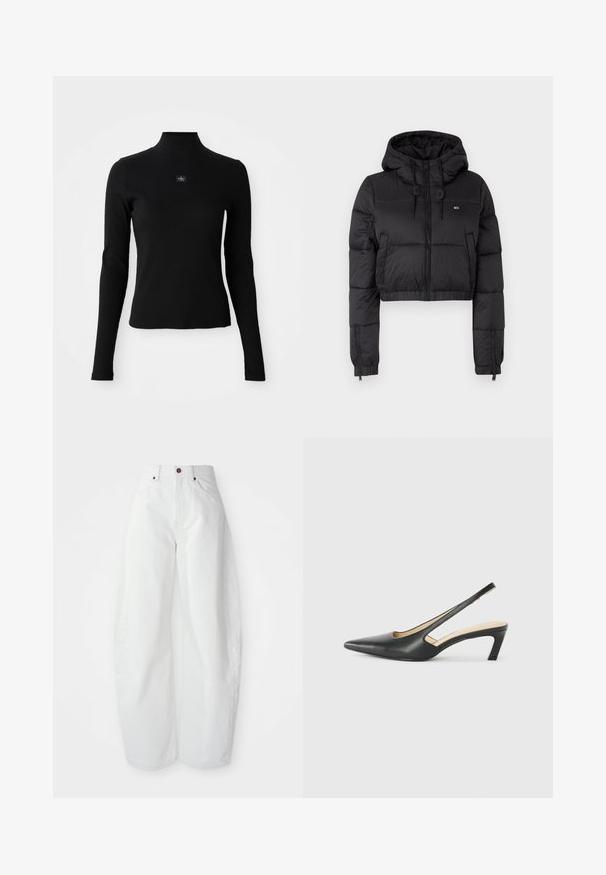 Black cropped puffer jacket with a hood, featuring a front zipper, two side pockets, and an elastic hem. Smooth texture with minimal branding.; Black long-sleeve top with a high neckline and a fitted design. Features a small logo patch on the front. Smooth, ribbed texture.; High-waisted white denim trousers with a loose fit. Features a button closure, side pockets, and minimalistic design. Smooth texture.; Black pointy-toed slingback shoe with a low heel, featuring smooth leather material and cut-out design on the side for breathability.