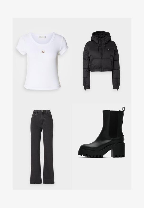 Black cropped puffer jacket with a hood, featuring a front zipper, two side pockets, and an elastic hem. Smooth texture with minimal branding.; White fitted t-shirt made from ribbed fabric, featuring a round neckline and short sleeves. A small CK logo is stitched on the chest.; Black high-waisted flared jeans made of denim, featuring a button closure, belt loops, and side pockets. Smooth texture with minimal fading.; Black leather ankle boot with round toe, chunky platform sole, and mesh side accents. Features a pull tab for easy wear.