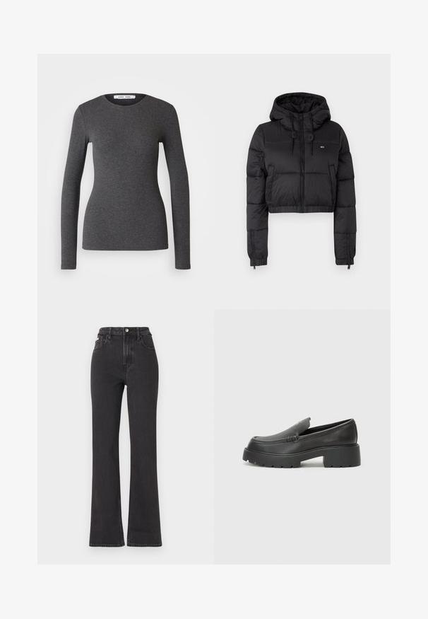Čierna skrátená puffer bunda s kapucňou, s predným zipsom, dvoma bočnými vreckami a elastickým lemom. Hladká textúra s minimálnym brandingom.; Dlhý rukáv, okrúhly výstrih v tmavosivej farbe, vyrobený z rebrovanej látky s priliehavým strihom, s hladkou textúrou a minimálnymi detailmi.; Čierne džíny s vysokým pásom a rozšírenými nohavicami vyrobené z denimu, s gombíkovým zapínaním, pútkami na opasok a bočnými vreckami. Hladká textúra s minimálnym ošúchaním.; Čierne kožené mokasíny s okrúhlou špičkou, hrubou textúrovanou podrážkou a minimom stehovej výzdoby. Štíhly dizajn bez viditeľných šnúr alebo kovania.