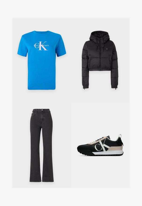 Juodas trumpas pūkinis džemperis su gobtuvu, su priekine užtrauktuku, dviem šoninėmis kišenėmis ir elastingu apačiu. Lygi tekstūra su minimaliu ženklinimu.; Mėlyna medvilnės marškinėliai trumpomis rankovėmis, su balta Calvin Klein logotipu ir dideliu rožiniu "CK" grafiniu motyvu, centruotu priekyje.; Juodi aukštu liemeniu platėjantys džinsai, pagaminti iš džinsinio audinio, su mygtuko uždarymu, diržo kilpomis ir šoninėmis kišenėmis. Lygus paviršius su minimaliais išblukimais.; Juodos sportinės bateliai su smėlio spalvos zomšiniu akcentu, balta logo, guminis padas ir raišteliai. Yra tvirta viršutinė dalis ir kilpos užtraukimui ant kulno.