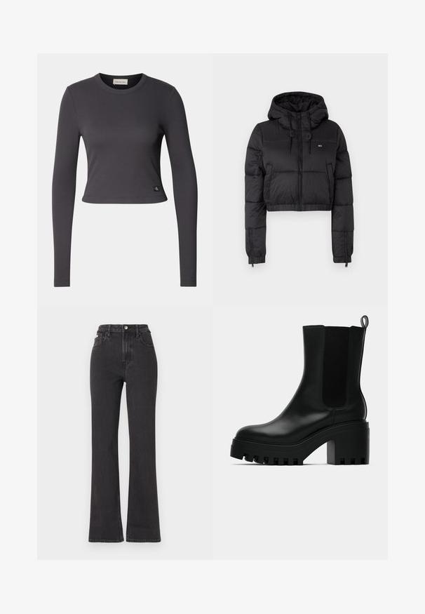 Czarna krótka kurtka puchowa z kapturem, z zamkiem błyskawicznym z przodu, dwoma bocznymi kieszeniami i elastycznym dołem. Gładka tekstura z minimalnym logo.; Długi rękaw, krótki top w ciemnoszarym prążkowanym materiale z okrągłym dekoltem i małą naszywką z logo u dołu. Gładka faktura, dopasowany krój.; Czarne jeansy z wysokim stanem i rozszerzanym dołem, wykonane z denimu, z zapięciem na guzik, szlufkami na pasek oraz kieszeniami bocznymi. Gładka faktura z minimalnym przetarciem.; Czarne skórzane botki za kostkę z okrągłym noskiem, solidną platformą i siateczkowymi wstawkami po bokach. Posiadają uchwyt do łatwego zakładania.