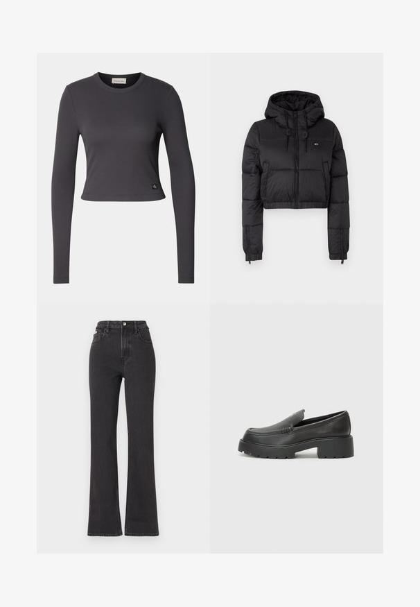 Crna skraćena puffer jakna s kapuljačom, s prednjim zatvaračem, dva bočna džepa i elastičnom donjom rubom. Glatka tekstura s minimalnim brendiranjem.; Dugi rukav, krojena majica od tamnosivog rebrastog materijala s okruglim izrezom i malim logotipom pri donjem rubu. Glatka tekstura, tijesnog kroja.; Crne traperice s visokim strukom i proširenim dnom, izrađene od denima, s kopčanjem na dugme, petljama za remen i bočnim džepovima. Glatka tekstura s minimalnim izblijedjenjem.; Crne kožne loaferice s zaobljenim vrhom, debelim teksturiranim potplatom i minimalnim detaljima šivanja. Elegantna izrada bez vidljivih vezica ili metalnih elemenata.
