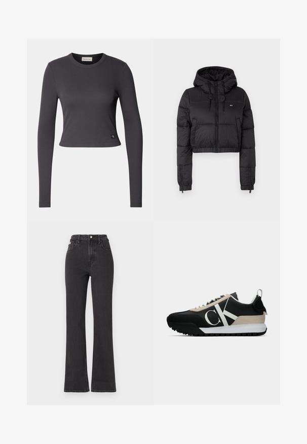 Svart cropped pufferjakke med hette, med glidelås foran, to sidelommer og elastisk avslutning. Glatt tekstur med minimal merkevare.; Langermet, cropped topp i mørkegrå ribbet stoff med rund hals og et lite logo-lapp ved kanten. Glatt tekstur, tettsittende design.; Svarte høyt midje, utsvingte jeans laget av denim, med knappelukking, beltehemper og sidelommer. Glatt tekstur med minimal falming.; Svart sneaker med en beige semsket aksent, hvit logo, gummisåle og snører. Har et slitesterkt overmateriale og en løfletapp på hælen.
