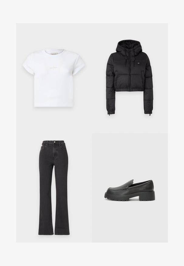Black cropped puffer jacket with a hood, featuring a front zipper, two side pockets, and an elastic hem. Smooth texture with minimal branding.; White cotton crop t-shirt with short sleeves, featuring a subtle gold "Calvin Klein" logo on the front and a rounded neckline.; Black high-waisted flared jeans made of denim, featuring a button closure, belt loops, and side pockets. Smooth texture with minimal fading.; Black leather loafers with a rounded toe, thick textured sole, and minimal stitching details. Sleek design with no visible laces or hardware.