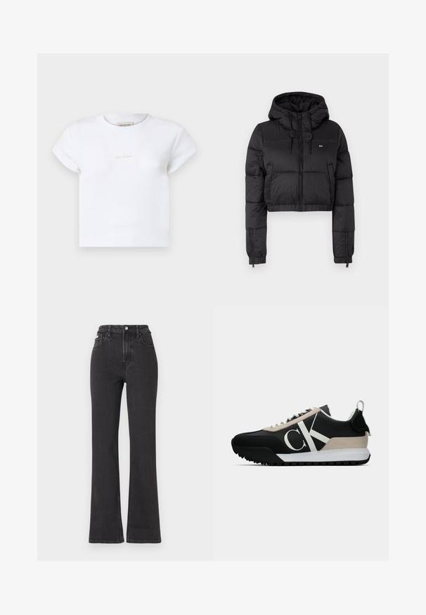 Juodas trumpas pūkinis džemperis su gobtuvu, su priekine užtrauktuku, dviem šoninėmis kišenėmis ir elastingu apačiu. Lygi tekstūra su minimaliu ženklinimu.; Balta medvilninė trumpomis rankovėmis marškinėlių su subtiliu auksiniu „Calvin Klein“ logotipu priekyje ir apvaliu kaklu.; Juodi aukštu liemeniu platėjantys džinsai, pagaminti iš džinsinio audinio, su mygtuko uždarymu, diržo kilpomis ir šoninėmis kišenėmis. Lygus paviršius su minimaliais išblukimais.; Juodos sportinės bateliai su smėlio spalvos zomšiniu akcentu, balta logo, guminis padas ir raišteliai. Yra tvirta viršutinė dalis ir kilpos užtraukimui ant kulno.