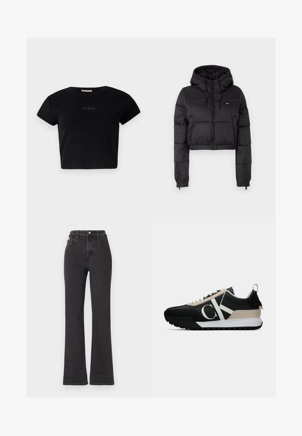 Juodas trumpas pūkinis džemperis su gobtuvu, su priekine užtrauktuku, dviem šoninėmis kišenėmis ir elastingu apačiu. Lygi tekstūra su minimaliu ženklinimu.; Juodas, dryžuotas, trumpomis rankovėmis viršus, pagamintas iš minkštos medžiagos, su subtiliu Calvin Klein logotipu centre. Paprastas, klasikinis dizainas.; Juodi aukštu liemeniu platėjantys džinsai, pagaminti iš džinsinio audinio, su mygtuko uždarymu, diržo kilpomis ir šoninėmis kišenėmis. Lygus paviršius su minimaliais išblukimais.; Juodos sportinės bateliai su smėlio spalvos zomšiniu akcentu, balta logo, guminis padas ir raišteliai. Yra tvirta viršutinė dalis ir kilpos užtraukimui ant kulno.