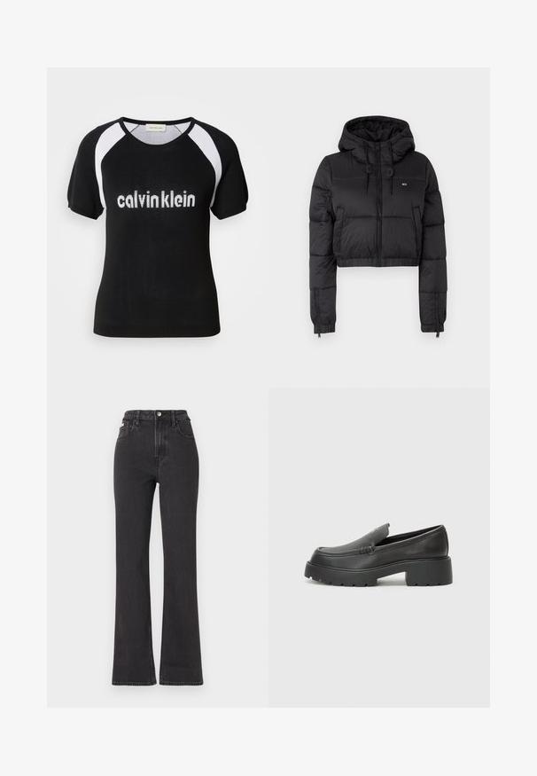 Černá zkrácená puffer bunda s kapucí, vybavená předním zipem, dvěma bočními kapsami a elastickým lemem. Hladká textura s minimálním značením.; Černý pletený top s krátkým rukávem a bílými raglánovými rukávy. Na prsou je nápis "calvinklein" bílou barvou. Klasický kulatý výstřih. Měkká textura.; Černé vysoké rozšířené džíny z denimu, se zapínáním na knoflík, poutky na opasek a bočními kapsami. Hladká textura s minimálním vyblednutím.; Černé kožené mokasíny s okrouhlou špičkou, silnou strukturovanou podrážkou a minimálními detaily šití. Elegantní design bez viditelných tkaniček nebo kovových prvků.