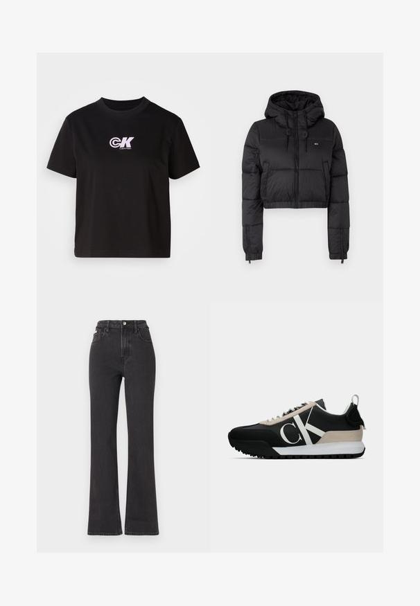 Black cropped puffer jacket with a hood, featuring a front zipper, two side pockets, and an elastic hem. Smooth texture with minimal branding.; Black cotton t-shirt with a round neckline and short sleeves. Features a white and pink "CK" logo on the upper left chest area.; Black high-waisted flared jeans made of denim, featuring a button closure, belt loops, and side pockets. Smooth texture with minimal fading.; Black sneaker with a beige suede accent, white logo, rubber sole, and laces. Features a durable upper and a pull tab on the heel.