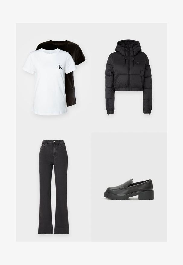 Juodas trumpas pūkinis džemperis su gobtuvu, su priekine užtrauktuku, dviem šoninėmis kišenėmis ir elastingu apačiu. Lygi tekstūra su minimaliu ženklinimu.; Duos trumpų rankovių marškinėlių baltos ir juodos spalvos, pagamintų iš medvilnės. Baltuose marškinėliuose kairėje krūtinės pusėje yra mažas CK logotipas.; Juodi aukštu liemeniu platėjantys džinsai, pagaminti iš džinsinio audinio, su mygtuko uždarymu, diržo kilpomis ir šoninėmis kišenėmis. Lygus paviršius su minimaliais išblukimais.; Juodi odiniai loaferiai su apvaliu pirštu, storu tekstūruotu padu ir minimaliu siūlių dekoru. Išskirtinis dizainas be matomų raištelių ar furnitūros.