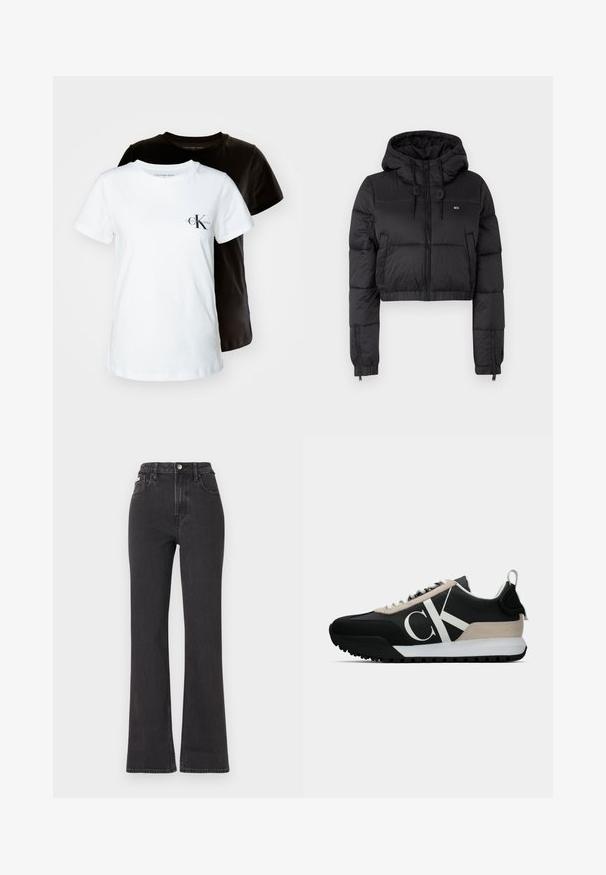 Czarna krótka kurtka puchowa z kapturem, z zamkiem błyskawicznym z przodu, dwoma bocznymi kieszeniami i elastycznym dołem. Gładka tekstura z minimalnym logo.; Dwie koszulki z krótkim rękawem w kolorze białym i czarnym, wykonane z bawełny. Biała koszulka ma małe logo CK na lewej piersi.; Czarne jeansy z wysokim stanem i rozszerzanym dołem, wykonane z denimu, z zapięciem na guzik, szlufkami na pasek oraz kieszeniami bocznymi. Gładka faktura z minimalnym przetarciem.; Czarna sneakersy z beżowym zamszowym akcentem, białym logo, gumową podeszwą i sznurówkami. Posiadają wytrzymałą cholewkę oraz pętlę na pięcie.