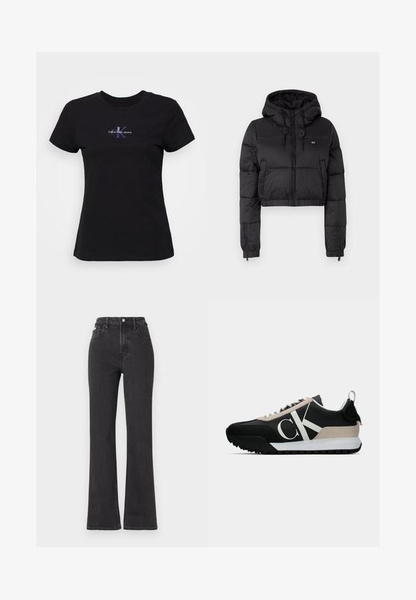 Svart cropped pufferjakke med hette, med glidelås foran, to sidelommer og elastisk avslutning. Glatt tekstur med minimal merkevare.; Svart bomull t-skjorte med rund hals, prydet med et lilla og hvitt "Calvin Klein Jeans"-logo på brystet. Korte ermer, vanlig passform.; Svarte høyt midje, utsvingte jeans laget av denim, med knappelukking, beltehemper og sidelommer. Glatt tekstur med minimal falming.; Svart sneaker med en beige semsket aksent, hvit logo, gummisåle og snører. Har et slitesterkt overmateriale og en løfletapp på hælen.