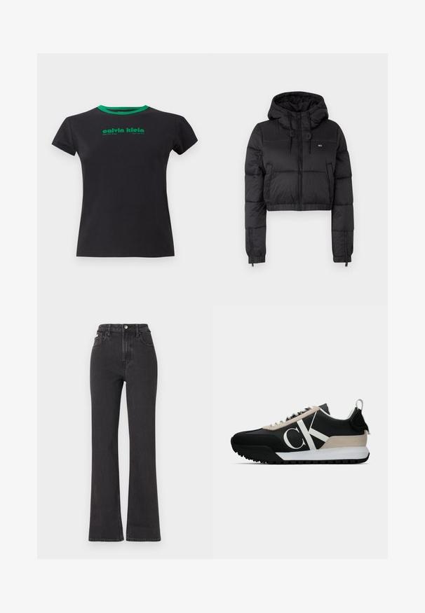 Sort cropped pufferjakke med hætte, der har lynlås foran, to sidelommer og elastisk kant. Glat tekstur med minimal branding.; Sort bomulds T-shirt med korte ærmer og en rund grøn halsudskæring. Har grøn trykt tekst: "calvin klein, West 29th Street, New York City."; Sorte højtaljede flagrende jeans lavet af denim, med knaplukning, bæltestropper og sidelommer. Glat tekstur med minimal falming.; Sorte sneakers med en beige ruskindsaccent, hvidt logo, gummisål og snørebånd. Har en holdbar overdel og et trækstrop på hælen.