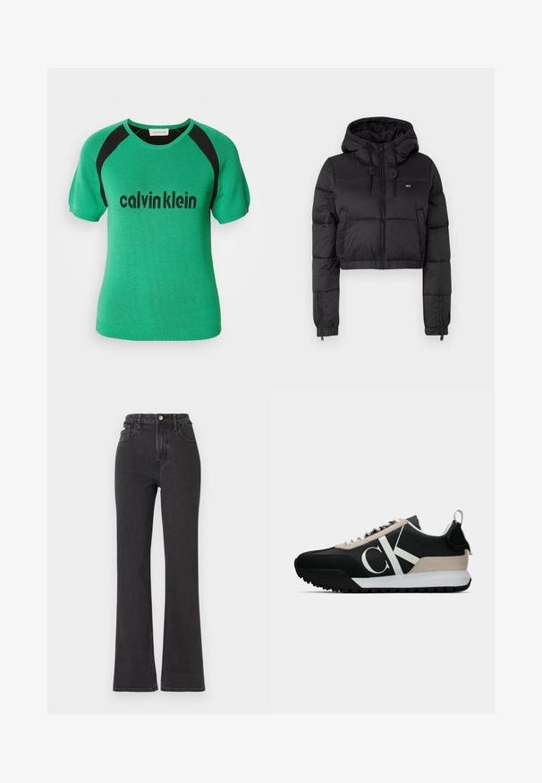 Črna skrajšana puffer jakna s kapuco, z zadrgo spredaj, dvema stranskima žepoma in elastičnim robom. Gladka tekstura z minimalnim logotipom.; Zeleni pleteni top s kratkimi rokavi z črnimi poudarki na ramenskem delu in črnim logotipom "calvinklein" na sprednji strani. Gladka tekstura.; Črne kavbojke s visokim pasom in razširjenimi hlačnicami, narejene iz denima, z gumbom za zapiranje, zankami za pas in stranskimi žepi. Gladka tekstura z minimalnim bledenjem.; Črne tene z bež usnjenim detajlom, belim logotipom, gumijastim podplatom in vezalkami. Imajo trpežno zgornji del in zanko za vlečenje na peti.